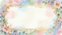 Watercolor floral frame with gold ornamental border and pastel flowers, isolated on white background, ready for wedding invitations, greeting cards, and design projects.
