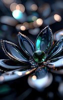 Metallic lotus flower brooch with emerald green crystal center and diamond accents against dark background with soft bokeh lights creating magical atmosphere.