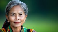 Portrait of mature Asian woman with silver hair smiling warmly, wearing traditional colorful ethnic clothing against blurred green natural background.