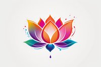 Vibrant rainbow lotus flower with gradient petals and decorative water drops on white background, spiritual symbol for meditation and wellness practices.