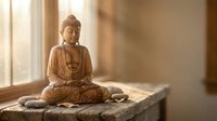 Wooden Buddha statue in meditation pose on rustic table by sunlit window, evoking peace, mindfulness, and spiritual harmony.