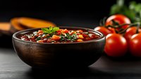 Hearty vegetable stew simmering in rustic wooden bowl with fresh tomatoes and herbs, ready for cooking content, recipe blogs, and food photography.