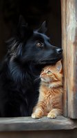 Black dog and ginger cat sitting together at window, looking outside with curious expressions, showing friendship between pets against dark background.