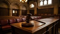 Wooden judge gavel on desk in elegant courtroom with classic architecture, warm lighting and traditional furnishings for legal proceedings.