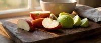 Fresh apple slices on rustic wooden cutting board in warm kitchen light. Healthy snack preparation for cooking and baking recipes.