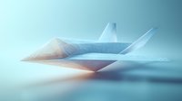 Minimalist paper airplane design with soft blue and orange gradient lighting creates ethereal mood on light background. For modern business concepts and creativity themes.