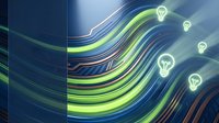 Creative innovation concept with glowing light bulbs floating over colorful flowing waves representing bright ideas and technological progress in business.