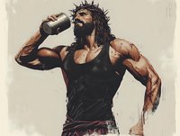 Muscular African American man in black tank top drinking protein shake, crown of thorns on head, artistic interpretation with dramatic lighting and painterly style.