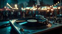 Professional DJ turntable setup at night event with vinyl record spinning and colorful bokeh lights creating atmospheric party ambiance for music entertainment.