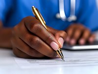 African American female hand holding gold pen signing document on white desk, with blue clothing visible in background, representing business, legal or educational setting.