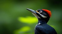 Close-up portrait of pileated woodpecker with distinctive red crest and black feathers against blurred green natural background, wildlife photography.