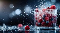 Fresh raspberries and blueberries splashing in crystal clear glass with water droplets against dark background, dramatic lighting creates moody beverage composition.