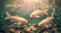 Three golden koi fish swimming in serene pond with aquatic plants and coins on bottom creating peaceful underwater scene with soft sunlight filtering through water.