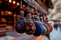 Handcrafted ornamental balls with traditional ethnic patterns hanging in row at holiday market, soft bokeh lights create festive atmosphere in background.