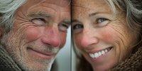 Happy senior couple faces showing joy and laughter with natural aging wrinkles and genuine smiles for lifestyle and relationship concepts.