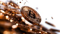 Golden bitcoin coin floating in dynamic motion with blurred bokeh background and scattered particles, dramatic lighting creates modern cryptocurrency atmosphere.