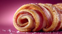 Golden crispy spiral pastry rolls with sugar coating on vibrant pink background. Fresh baked sweet treats for bakery menu and dessert photography.