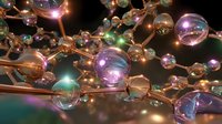 Shimmering glass spheres connected by copper-colored rods create an abstract molecular structure with purple and green light reflections against dark background.