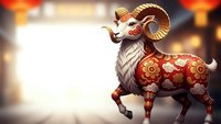 Ornate ram with golden horns and decorative red patterns stands proudly against warm bokeh background for lunar new year celebrations and festive designs.