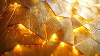 Glowing golden geometric pattern with light rays shining through crystalline metallic surface creates dramatic abstract background with warm illumination effects.