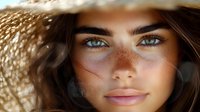 Young Caucasian woman with blue eyes wearing woven straw hat casting shadow patterns on face during golden hour summer sunlight for lifestyle photography.