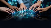 Business team hands connecting digital network hologram for collaboration and teamwork in modern technology workspace environment.