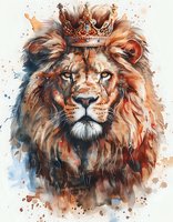 Majestic lion wearing royal crown in watercolor style artwork, perfect for wall art, tattoo design or creative projects. Artistic portrait combines warm orange and blue tones with splatter effects.