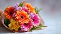 Vibrant mixed flower bouquet with orange gerbera daisies, pink chrysanthemums, yellow roses and purple blooms wrapped in kraft paper on white surface.