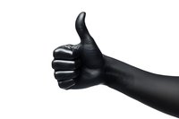 Black latex glove showing thumbs up gesture against white background, isolated hand silhouette for medical, safety, or professional concepts.