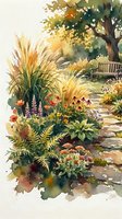 Watercolor garden scene with lush plants, wooden bench and stone path creating peaceful outdoor sanctuary for relaxation and contemplation.
