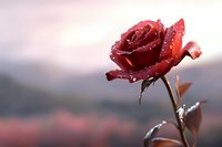 Red rose with morning dew drops against soft blurred background. Single bloom showcases delicate water droplets on velvety petals in romantic dawn light.