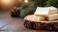 Fresh white chocolate bars stacked on rustic wood slice with pine cone and evergreen branch in soft warm lighting, creating cozy winter atmosphere.