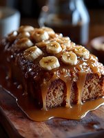 Caramel banana loaf cake with sliced banana toppings and dripping glaze, perfect for bakery, food photography, and dessert menu designs.