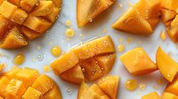 Fresh ripe mango slices with water drops on white background, juicy tropical fruit cut in traditional cross-hatch pattern perfect for healthy food design and menu promotion.