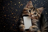 Adorable tabby kitten holding blank card against dark background with golden bokeh lights, perfect for pet-related announcements or holiday greetings.