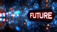 Glowing red neon future text on dark background with digital hexagon icons and blue bokeh lights, modern technology concept for business innovation.