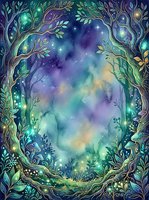 Enchanted forest frame with glowing trees, luminescent foliage, and magical starlit sky in purple, green, and gold watercolor tones. Perfect for fantasy artwork, book covers, and mystical designs.
