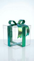 Clear acrylic gift box with emerald green metallic ribbon bow on white background for holiday packaging and present wrapping designs.