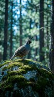 Quail perched on moss-covered rock in forest clearing with tall trees and dappled sunlight, suitable for wildlife and nature editorial use.