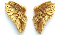 Golden angel wings with detailed feather texture isolated on white background, metallic decorative elements for creative design and artwork.