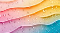 Colorful wavy background with water drops creating fresh dynamic pattern. Rainbow gradient from pink to blue with realistic condensation texture.