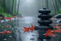 Zen stones pyramid with water drops and red maple leaves floating in calm water. Peaceful spa and meditation composition with misty bamboo forest background.