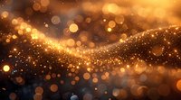 Magical golden bokeh lights and glowing particles flowing in dark space create dreamy abstract background with sparkling wave effect.