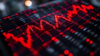 Red glowing stock market chart showing dramatic price decline on digital display, financial crisis visualization with data points and trading graph.