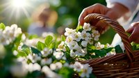 Fresh white pear or apple tree blossoms in wicker basket against sunlight, close up view of spring flowering branches with green leaves and bokeh.