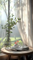 Fresh eucalyptus branches in glass vase and delicate coral flowers on wooden table by window with sheer curtain, morning sunlight casting soft shadows.