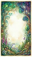 Enchanted forest frame with colorful trees, flowers and magical elements creating decorative border for fairy tale designs and fantasy artwork.