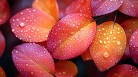 Vibrant autumn leaves with water droplets in pink and orange hues create dramatic macro nature photography against dark background. Fresh morning dew.
