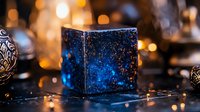 Glowing blue cosmic cube with sparkles and stars against dark background with golden bokeh lights creates magical atmosphere for fantasy designs.