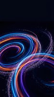 Abstract swirling energy waves with vibrant neon colors creating dynamic spiral motion against dark space background with glowing particles and light trails.